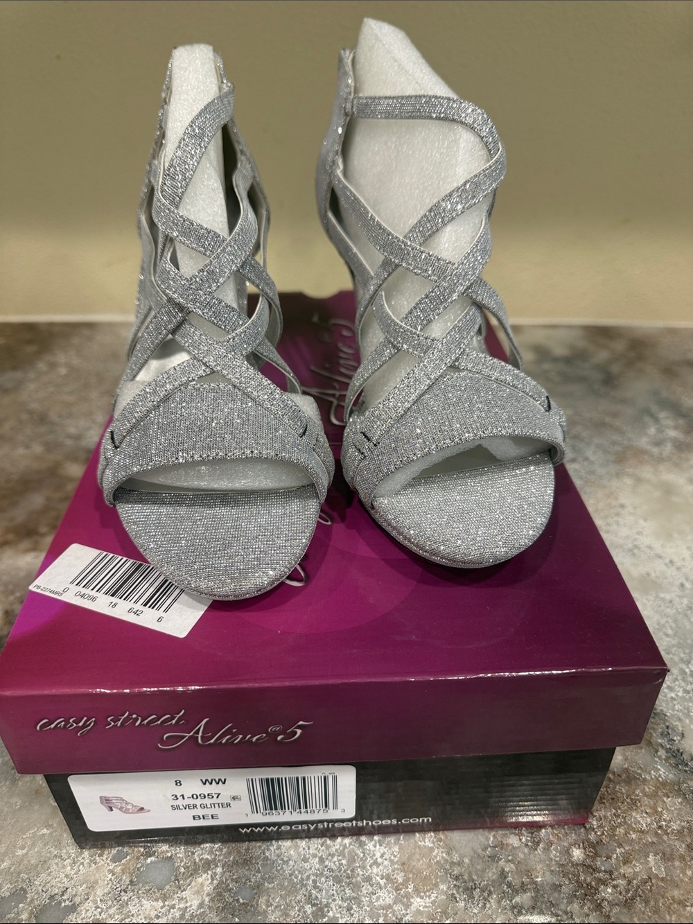 easy street Silver Glitter Strappy Open-Toe Heels